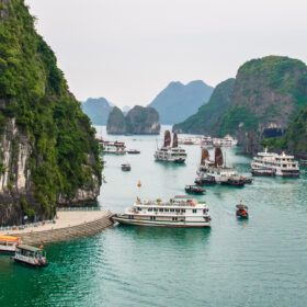 Halong Bay,Vietnam - November 4,2017 : Scenic landscape view of the harbor with cruises in Halong Bay from Surprise Cave (Sung Sot Cave),Vietnam.